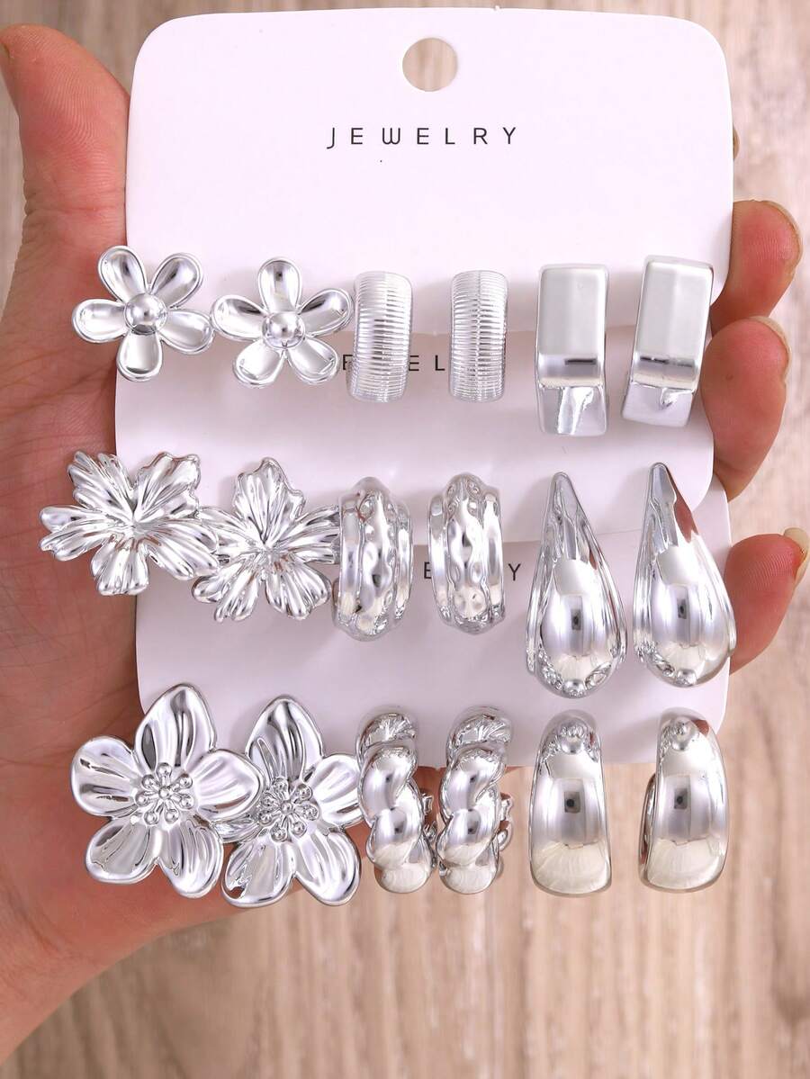 Set de 6/18 piezas de aretes con flores plateadas, formas C suaves y formas retorcidas, mejor regalo para amigos y familiares - Plateado - Ver 1