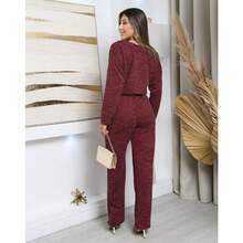 Women's Winter Set In Ribbed Wool Knit – Long-Sleeved Blouse And Pants With Functional Pockets And Elastic Back | Comfortable Casual Elegant Autumn/Winter Look - 酒紅色 - 查看 4