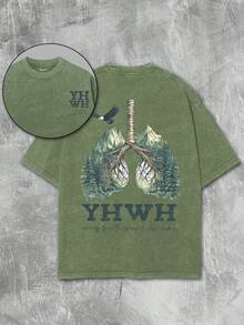 YHWH Nature Vintage Washed Tee 100% Cotton | Forest Lungs Graphic With Birds, Distressed Fabric - Faith-Based Apparel & Thoughtful Gift Idea | Unisex - 軍綠色 - 查看 1