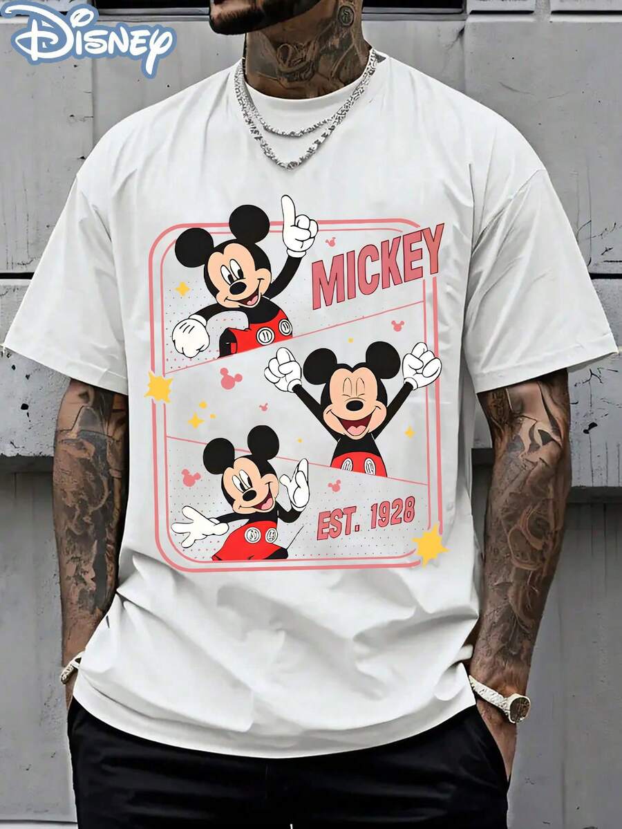 Disney Officially Licensed Graphic T Shirts 100 Percent Cotton Disney Shirt, Mickey EST.1928 T-Shirt, Unisex, 220g, Retro Washed, Cartoon Print, Casual Tee - 白色 - 查看 1
