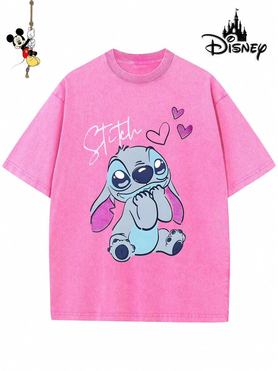 Disney-Licensed Men's Cotton T-Shirt For The 2026 Family Holiday. Featuring A Stitch Motif, Washed Crew Neck, Soft And Comfortable Feel, Easy Care And Suitable For Various Occasions Such As Holidays, Everyday Life And Commuting – Full Of Festive Spirit. - 玫紅色 - 查看 1