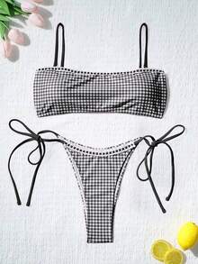 Bộ bikini hở lưng bèo nhún thắt nơ in họa tiết kẻ caro dễ thương dành cho nữ, thích hợp cho bãi biển mùa hè, lễ Phục sinh, ngày Thánh Patrick, đi chơi, lễ tốt nghiệp, kỳ nghỉ thanh lịch. - Đen và trắng - Xem 2