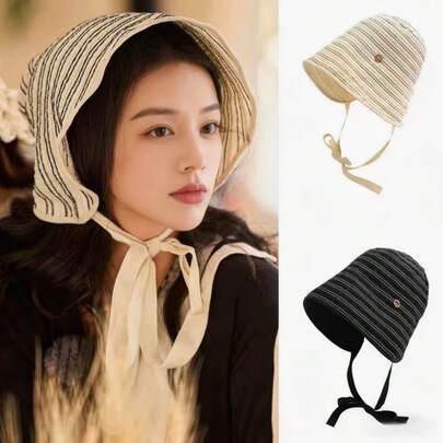 1顶条纹复古涤纶缎带保暖防风装饰防紫外线抽绳宽檐渔夫帽，多功能防晒户外帽，春夏款