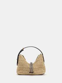 Bolso de cubo tejido. Asa ajustable. Correa para el hombro desmontable. Decoración de doble capa de cuentas en la parte delantera. Bolsillo con cremallera interior. Cierre con cremallera de metal. Adecuado para la playa, viajes, uso diario, casual, compras, transporte y como regalo - Beis - Ver 1