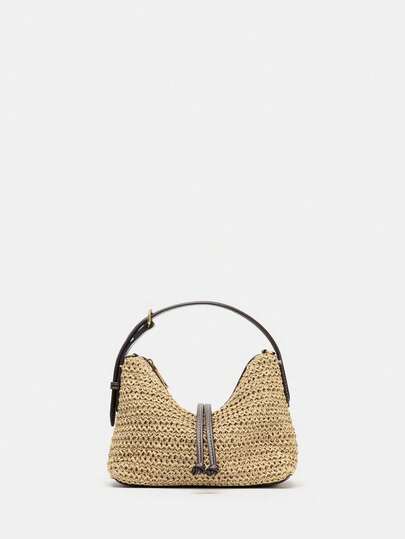 Woven Bucket Bag. Adjustable Handle. Detachable Shoulder Strap. Double-Layer Beaded Strap Decoration On Front. Interior Zipper Pocket. Metal Zipper Closure. Suitable For Beach, Travel, Daily Use, Casual, Shopping, Commuting And Gifting
