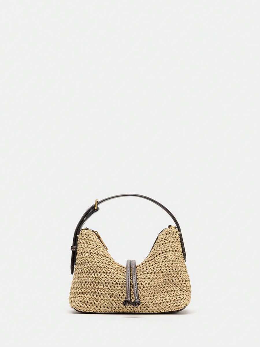 Bolso de cubo tejido. Asa ajustable. Correa para el hombro desmontable. Decoración de doble capa de cuentas en la parte delantera. Bolsillo con cremallera interior. Cierre con cremallera de metal. Adecuado para la playa, viajes, uso diario, casual, compras, transporte y como regalo - Beis - Ver 1