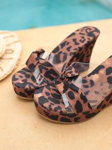 Sandalias de plataforma sexy de tacón súper alto con estampado de leopardo y punta abierta transparente, cómodas sandalias de cuña de moda para mujeres - Marrón - Ver 7