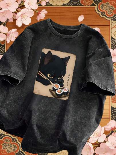 Plus Size Women's Vintage Washed T-Shirt, Featuring Cute Cat Print, Made Of 100% Cotton, Short Sleeve Top, Comfortable Crew Neck Casual Style, Summer T-Shirt, Soft Washed Fabric, Relaxed Fit