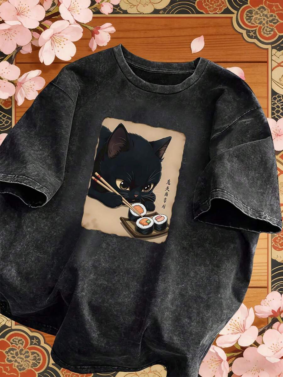 Plus Size Women's Vintage Washed T-Shirt, Featuring Cute Cat Print, Made Of 100% Cotton, Short Sleeve Top, Comfortable Crew Neck Casual Style, Summer T-Shirt, Soft Washed Fabric, Relaxed Fit Black - Black - View 1