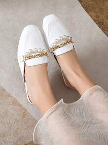 Mengshangli Zuecos con perlas de estilo preppy a cuadros, aptos para la oficina, vacaciones y fiestas en primavera y verano - Blanco - Ver 5