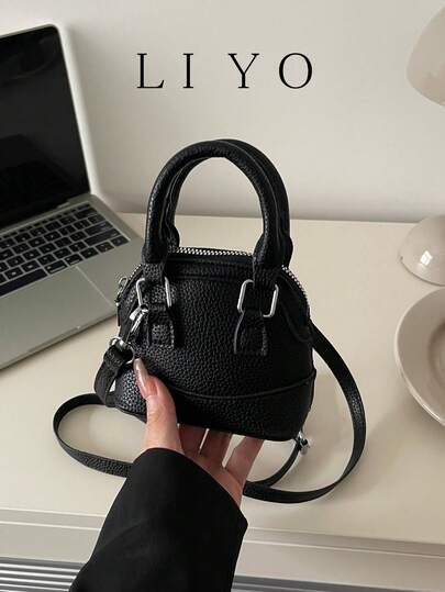 Bolso de mano mini de moda, bolso de concha pequeño de unicolor y textura de litchi versátil y elegante para mujer con correa de hombro ajustable