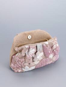 1件女士亮片印花褶皱时尚晚宴包，甜美假日风格手拿包，适合宴会、派对、休闲，时尚女士必备。 - 粉色 - 查看 4