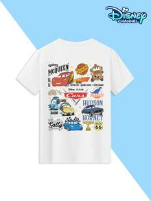 Disney Cars Retro Racing Car Illustration Crew Neck T-Shirt For Boys (Ages 4-12), 100% Cotton Short-Sleeve. The Back Features A "Racing Car Illustration" Design, Clearly Recreating Iconic Features Such As Lightning McQueen's Red Car Body, Mater's Trailer Shape, And Doc Hudson's Retro Lines. Each Character Has Their Own Unique Expression, And The "Piston Cup" Logo Completes The Look. It's Both Adorable And Collectible, Perfectly Capturing The Thrill Of The Racing World. Pairs Well With Jeans, Cargo Pants, Or Leggings. Suitable For Family Outings, School Activities, Club Activities, And Outdoor Adventures. - White - View 4