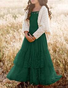 2026 Girls Elegant Lace Flower Boho Dress Long Sleeve Backless Square Neck Ruffle Party Maxi Dress - 08 Dark Green - View 5