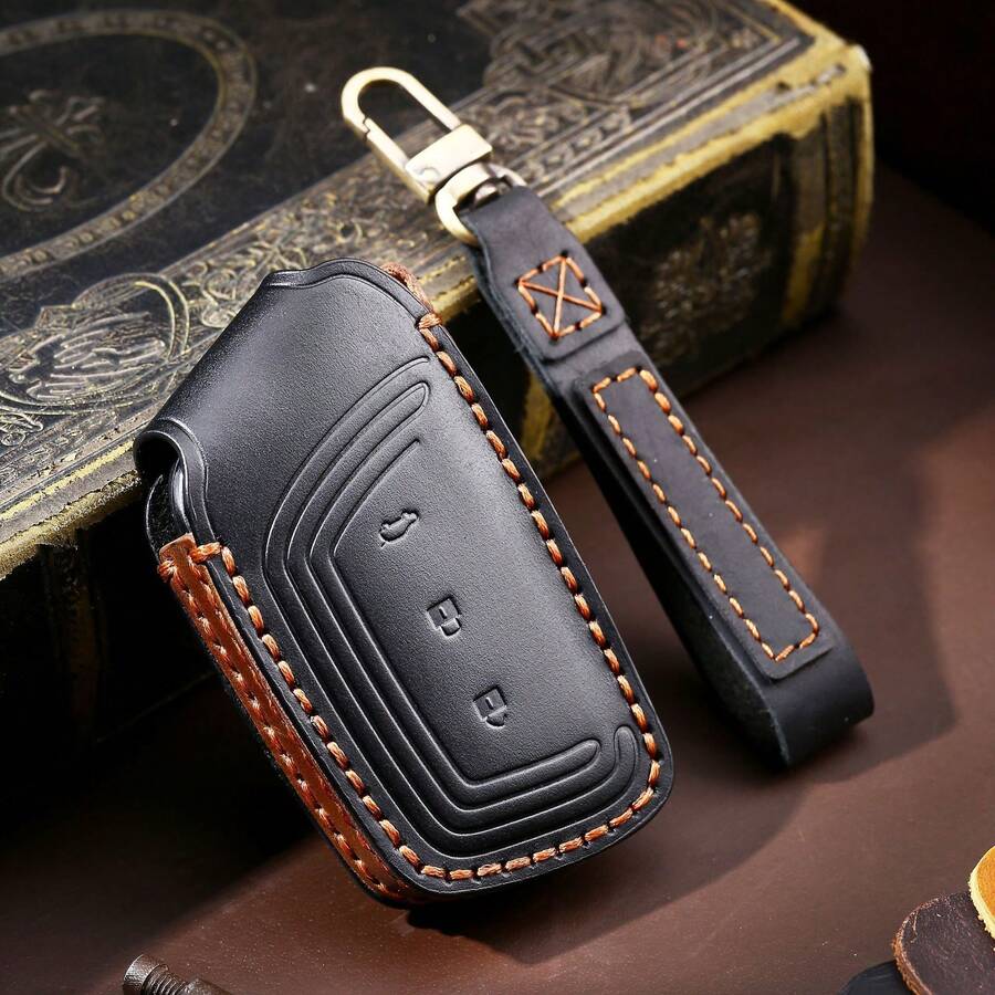 1pc Genuine Leather Key Fob Holder Suitable For Baojun Car Keys, New Model RM5/RS-5/RC6/RS3/Wuling Hongguang MINI EV - Blue (Type B) - View 1