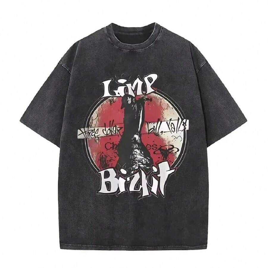 Rock Band Limp Classic Album Poster Bizkit Graphic Print T-Shirt Men Women Washed Vintage Streetwear Hip Hop Casual Oversize Tee - màu đen - Xem 1
