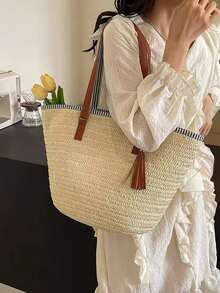 2026 New Fashion Large Capacity Woven Bucket Bag, Casual Versatile Women Shoulder Tote Bag, Suitable For Daily Commute, Outing, Travel, Beach Holiday - Multicolor - View 9