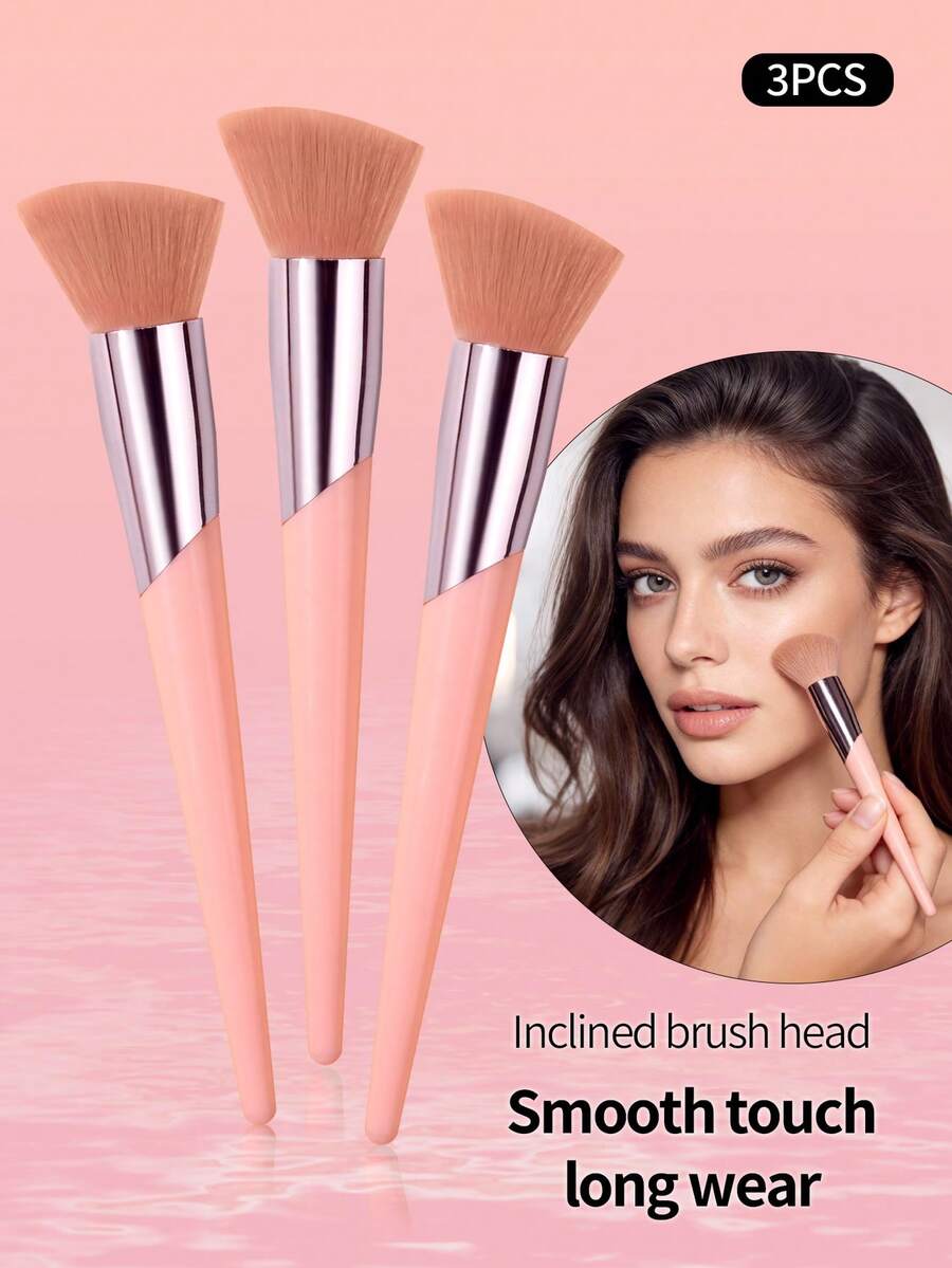 3pcs Makeup Brush Set, Includes Foundation, Contour, Highlighter Brushes - Soft And Skin-Friendly Cosmetic Tools, Portable Travel Makeup Kit
