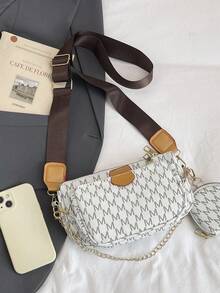 Spring New Letter Print Wide Strap Shoulder Bag, Retro Minimalist Fashion Chain Crossbody Bag 3-Piece Set - White - View 3
