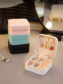 1pc Compact Jewelry Box, Small PU Leather Jewelry Storage Box, Gift For Women, Simple Travel & Home Jewelry Organizer, Portable Zipper Pouch, Pink Travel Essentials, Jewelry Box For Earrings, Necklaces, Rings, Travel Accessories - Multicolor - View 4