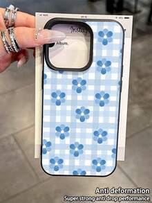 1pc Fashionable Personalized Light Blue Plaid Flower Pattern Litchi Texture Anti-Fall Anti-Slip Soft Phone Case Compatible With Apple, Phones - Multicolor - View 4