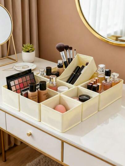 1/3/6件装化妆品收纳盒，梳妆台抽屉整理盒，内衣收纳盒，米色布艺收纳盒，卧室衣物收纳盒，适用于连衣裙、裤子、鞋子、牛仔裤、靴子、裙子，卧室，家居收纳，春季衣物，简约风格，夏季上衣
