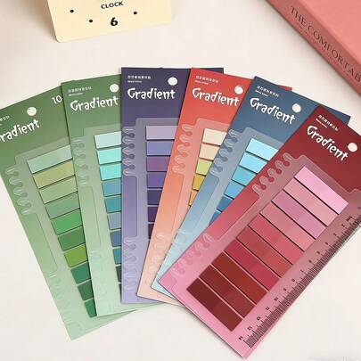 6 قطع/7 قطع من ملصقات الملاحظات اللاصقة ذات الألوان المتدرجة - علامات فهرس شفافة من البولي إيثيلين الرفيع مع مسطرة، ضرورية للعودة إلى المدرسة