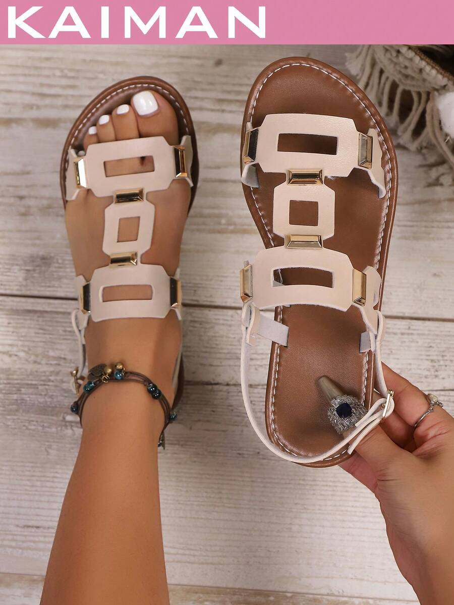 Sandal Wanita Model Baru Musim Semi/Panas dengan Gesper Persegi, Sandal Pantai Wanita, Sandal Gladiator - Krem - View 1