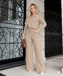 Women's Winter Outfit Set: Wide-Leg Pants And Long-Sleeved Shirt - Màu be - Xem 1
