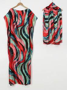 1pc Women's Faux Silk Robe With Matching Faux Silk Scarf Set - Multicolor - View 4