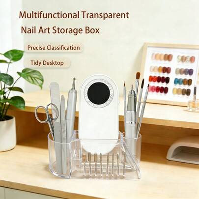 1 Piece Multifunctional Clear Nail Art Tool Organizer - All-In-One Desktop Storage Box For Nail Drill, Nail Bits, Nail Or Beauty Brushes, Nail Files And Other Nail Supply Tools, Durable And Easy To Clean, With 8 Holes Neatly Organize Various Drill Bits For Quick Access. Perfect For Professional Nail Salons Beauty Or Home Manicure Use