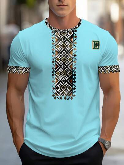 男士休闲T恤，1件装，100%涤纶圆领，纯色几何图案，针织面料，四季皆宜，格子图案，白色，时尚款式，常规版型，四季皆宜