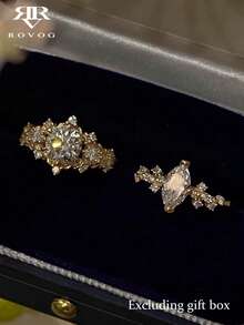 2pcs Luxury Oval Full Zirconia Elegant Party Wedding Vacation Bridal Adjustable Copper Ring Set For Women - Yellow Gold - View 2