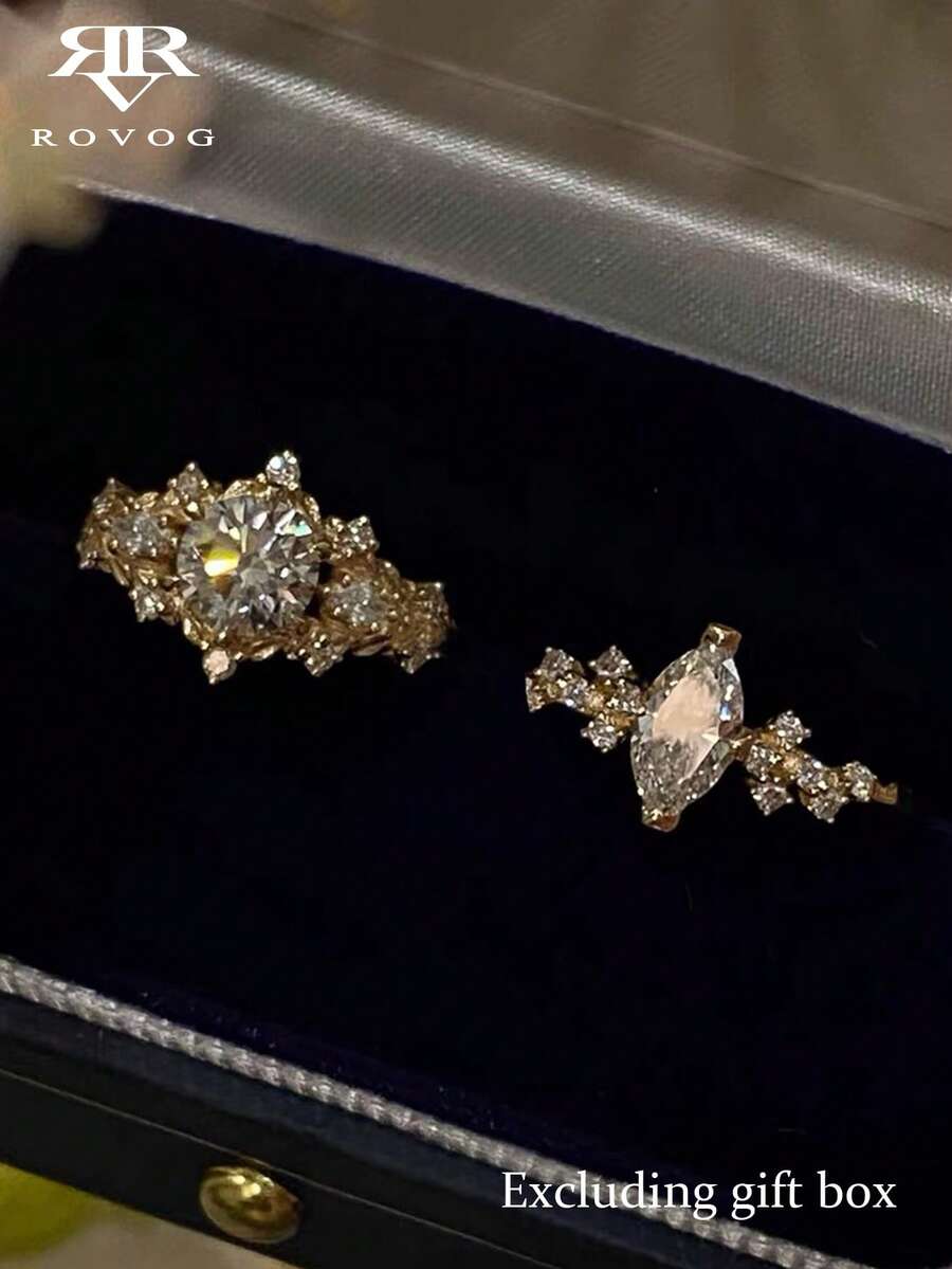 2pcs Luxury Oval Full Zirconia Elegant Party Wedding Vacation Bridal Adjustable Copper Ring Set For Women