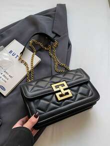 极简金属装饰链条单肩包，优雅PU皮革斜挎包，女士时尚手提包兼钱包 - 黑色 - 查看 8