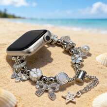 1条优雅复古蝴蝶结心形水晶手链表带，适合日常佩戴、海滩派对，兼容表带38/40/41/42/44/45/46/49mm，适用于Series 11/10/9/8/7/SE/6/5/4/3/2/1、Ultra 1/2/3（不含手表） - 銀色 - 查看 1