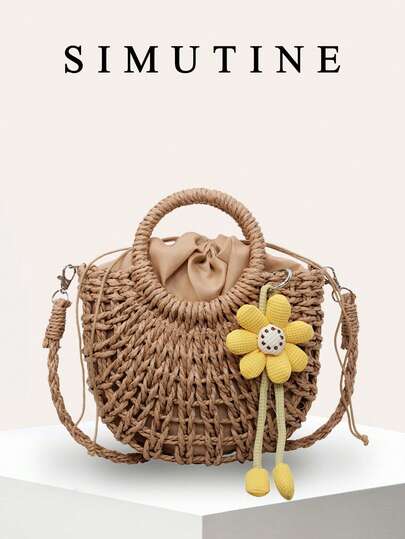 SIMUTINE 手工编织包，女士斜挎包，新款时尚百搭手提包，草编材质，适合日常使用、购物、旅行、工作、上学（含吊坠）