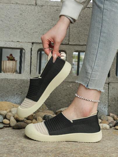 春夏新款撞色女鞋，针织网面套脚乐福鞋，软底轻便休闲运动鞋