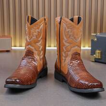 Western Cowboy Boots, Crocodile-Patterned Soft Leather Embroidered Sleeve Boots, Men's Boots, Versatile And Warm Boots For Autumn And Winter, Men's Leather Shoes, High-Top Shoes - Brown - View 8