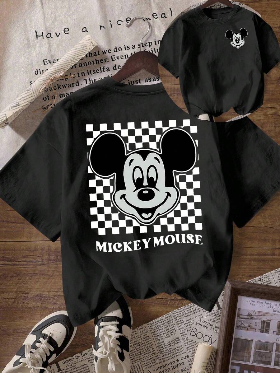 Disney Loose Black And White Checkerboard Patterned Mickey Mouse Front And Back Printed T-Shirt, Suitable For Summer And Spring, Short Sleeved Tops, Women's Clothing, Holiday Gift Party Clothing. - 黑色 - 查看 1