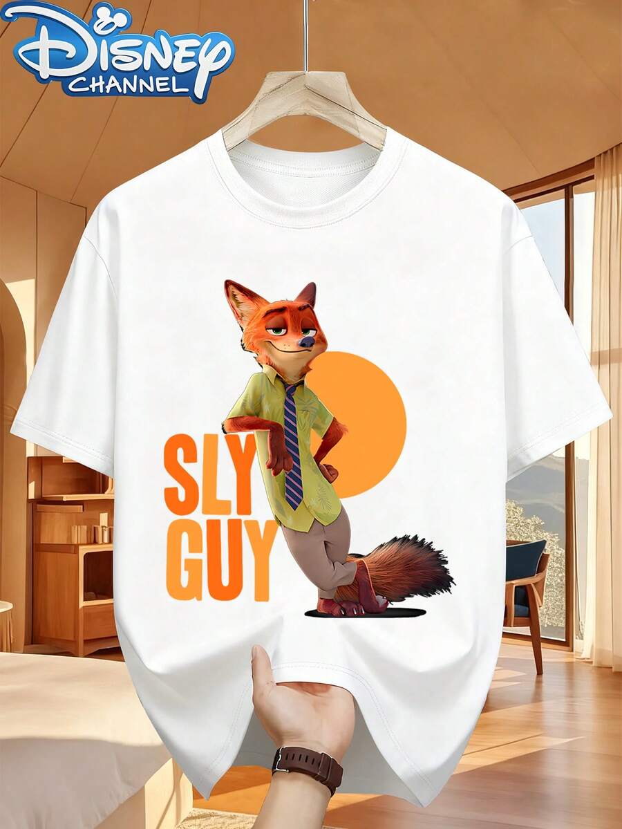 Disney "Zootopia Nick Lazy Style With" Guy "Text Unique Printing" Men's T-Shirt Fashion Design Simple And Versatile, Fashion Design Sense Round Neck Men's Twill Fabric T-Shirt Edging Summer Casual Men's T-Shirt - 白色 - 查看 1