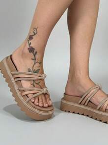 Women's Platform Sandal With Shiny Rhinestones, Comfortable - Beis - Ver 12