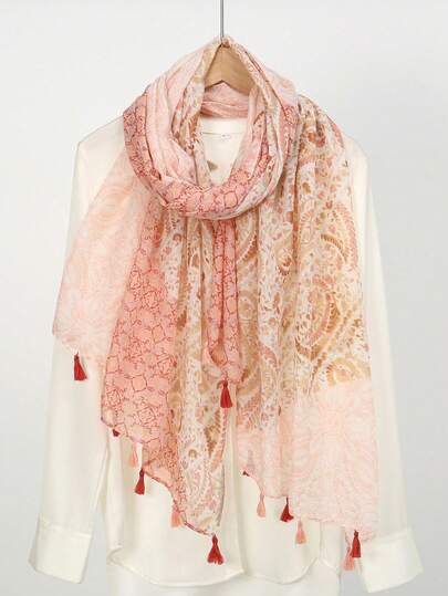 1 st lätt, tryckt halsduk med tofsar, elegant designad modesjal för kvinnor, andningsbara chiffongsjalar för vår/sommar, mångsidig huvudduk, strandsjal, solskydd