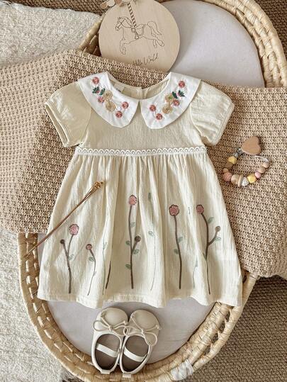 Baby Girls' Sweet Floral Peter Pan Collar Embroidered Short Sleeve Dress, Spring/Summer