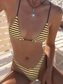 Women's Basic Striped Print Swimwear, Suitable For Various Occasions From Pool To Beach In Summer, Daily Mini Triangle Bikini Beach Outfit Vacation - Yellow Coffee Color - View 7