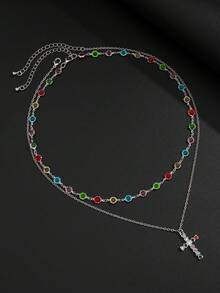 2pcs Men's Retro Punk Cross Pendant Necklace With Diamond Chain, Suitable For Holiday Gifts (Diamond Color And Position Random) - 2pcs - View 2
