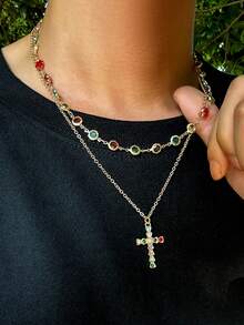 2pcs Men's Retro Punk Cross Pendant Necklace With Diamond Chain, Suitable For Holiday Gifts (Diamond Color And Position Random) - 2pcs - View 6