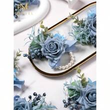Meldel Dusty Blue Wrist Corsage Women, Set Of 6, Wedding Bridal Corsage Hand Flower Decor Prom Corsages Party Homecoming, Wristband Flowers Bride Bridesmaid Girl Mother Wristlet Dcor - 6 chiếc vòng hoa đeo cổ tay màu xanh dương - Xem 5