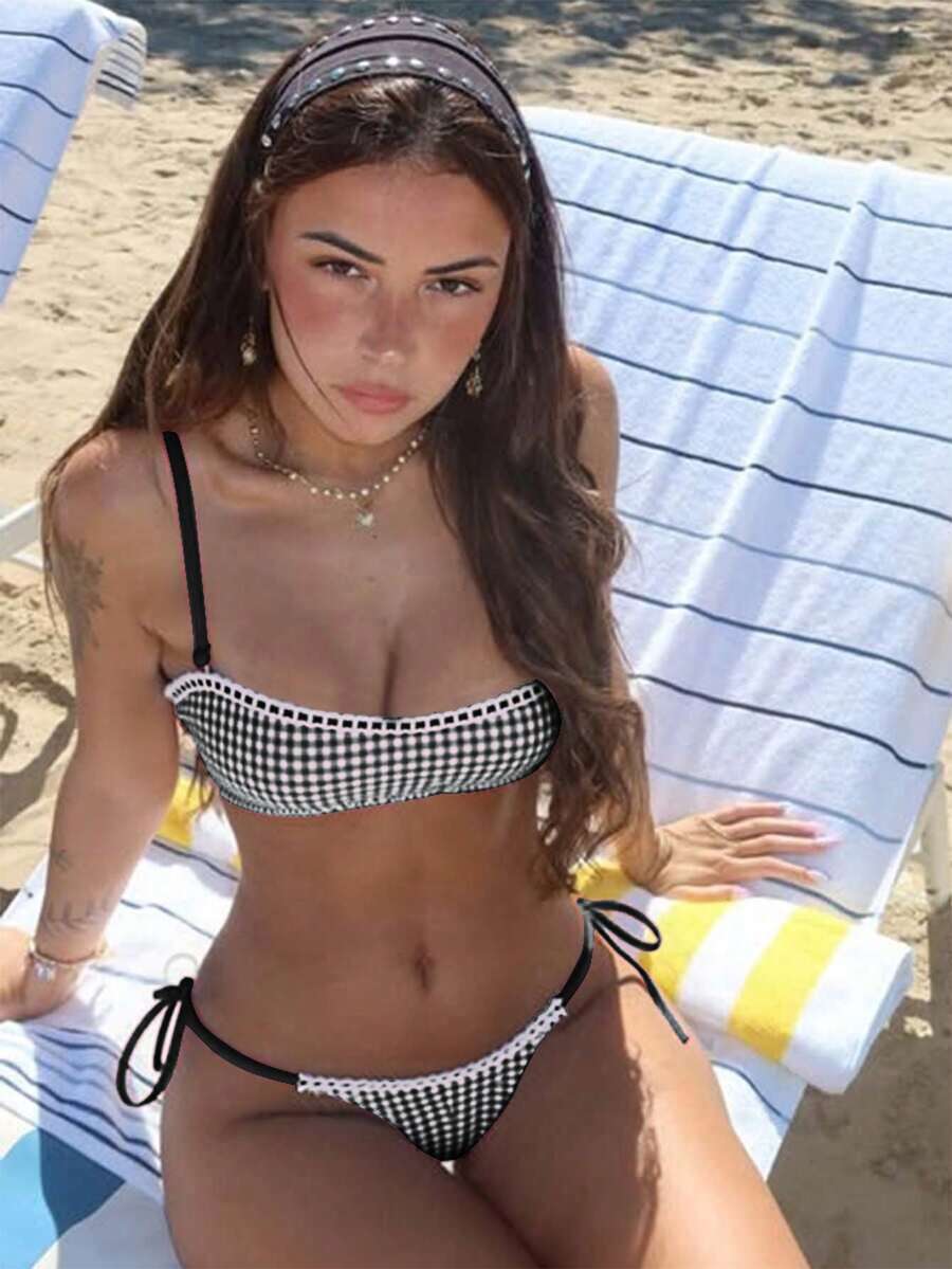 Bộ bikini hở lưng bèo nhún thắt nơ in họa tiết kẻ caro dễ thương dành cho nữ, thích hợp cho bãi biển mùa hè, lễ Phục sinh, ngày Thánh Patrick, đi chơi, lễ tốt nghiệp, kỳ nghỉ thanh lịch. - Đen và trắng - Xem 1