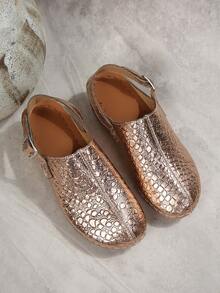 European And American Style Wedge Slide Sandals For Women, Backstrap Buckle Slip-On Casual Shoes, Versatile Matte Leather Commuter Shoes - Champagne - View 3